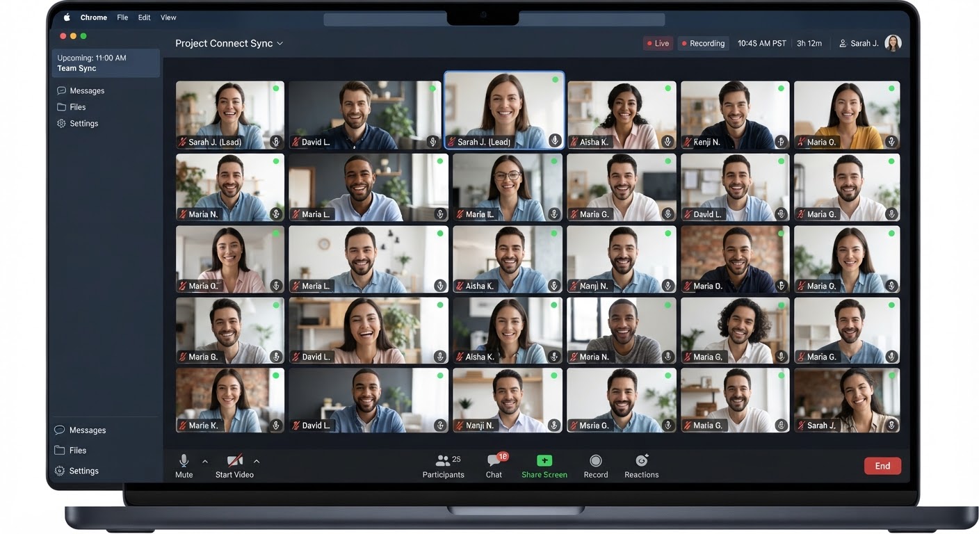 A video conference in progress with a grid of participants